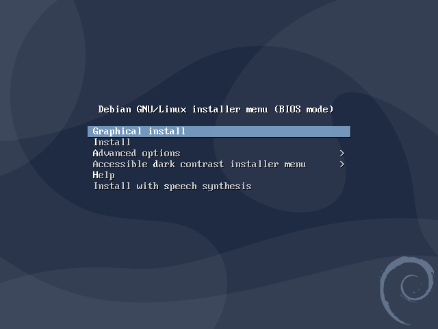 экран загрузки установщика Debian