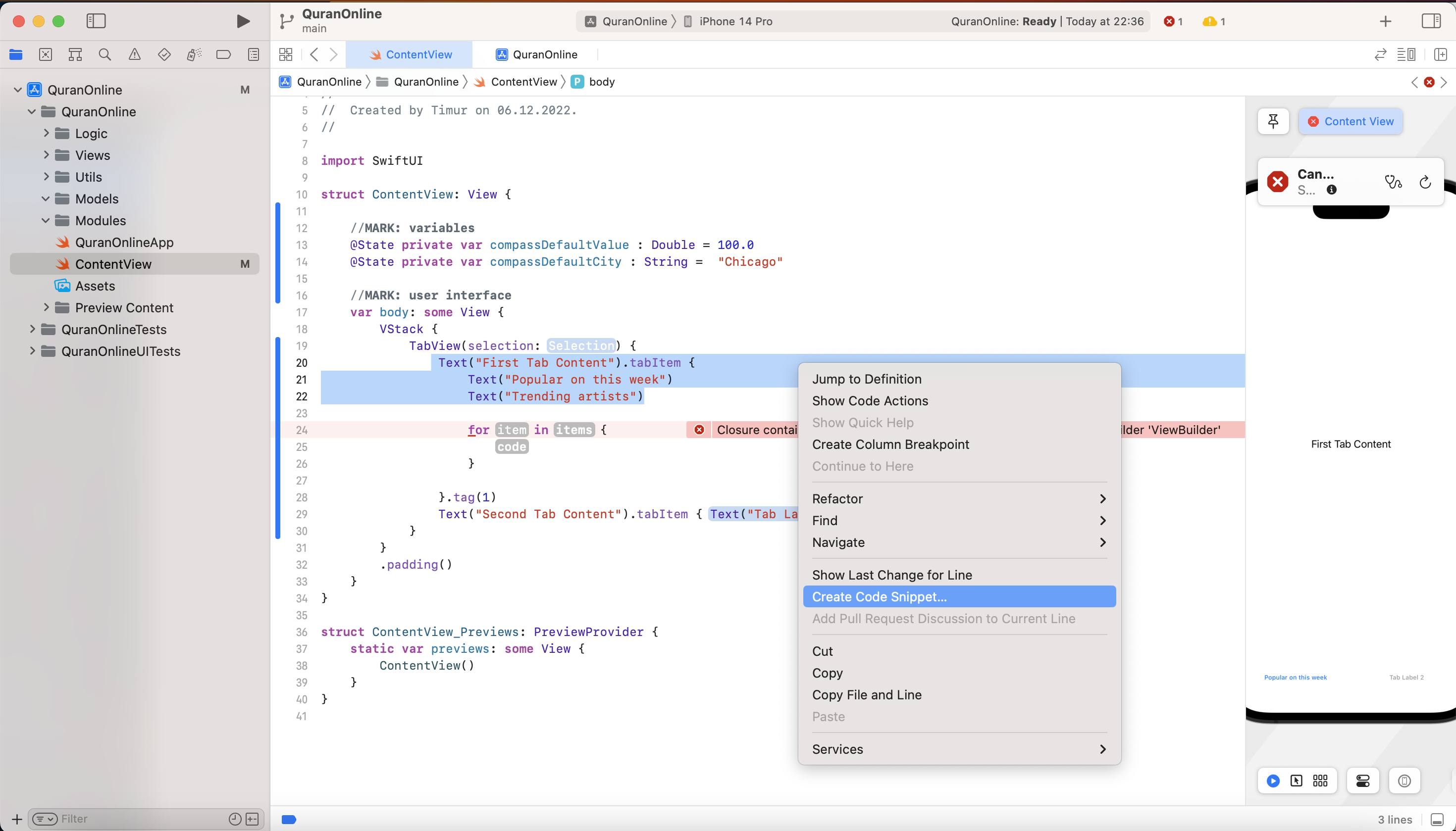 Xcode create snippet code