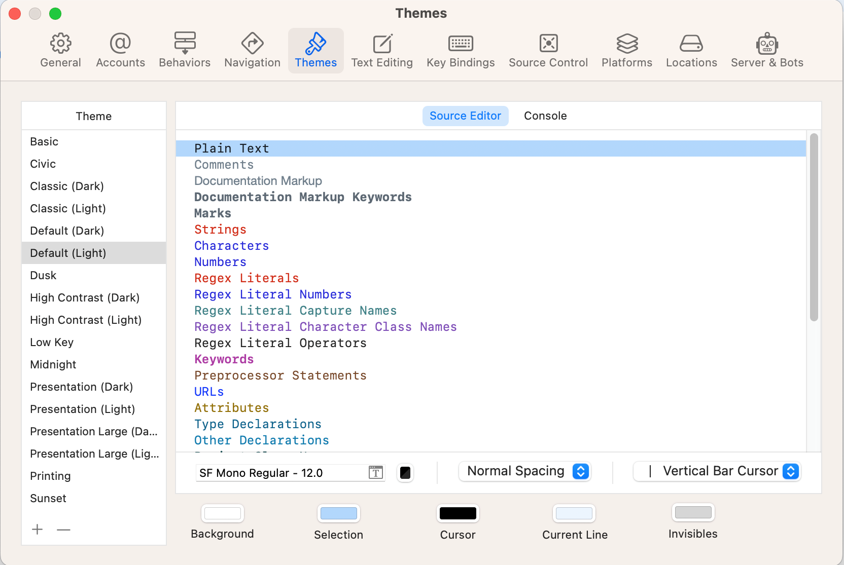 Xcode Settings windows with the Themes pane selected